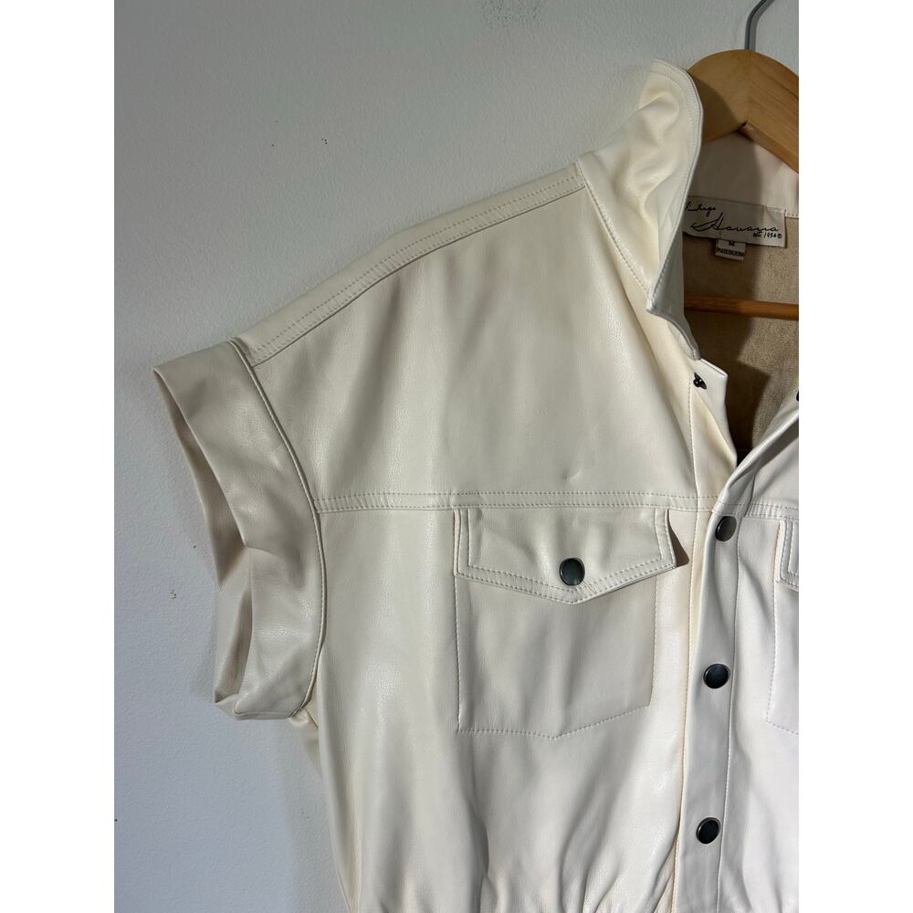 Vintage Havana romper women size M cream faux leather shorts collar short sleeve - Picture 2 of 11